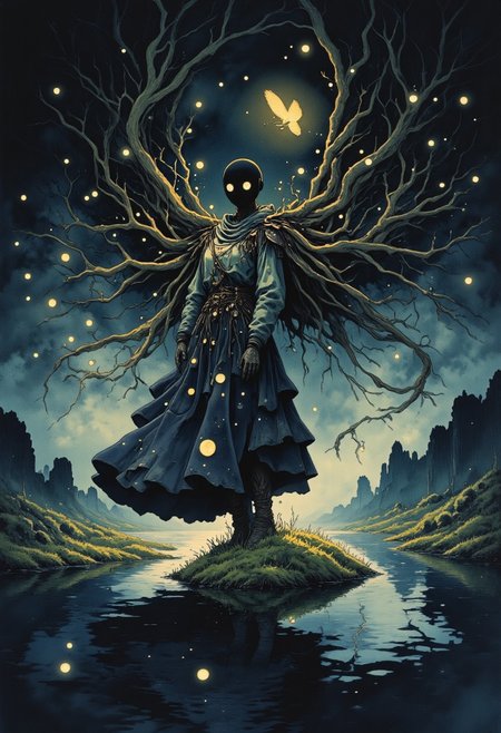Studio Ghibli Dark Fairytale, intricate cyborg, Portrait of a female robotic entity with long, trailing willow branch hair swaying gently in the air, black hollow eerie head, no face, dark moody, hidden glade at twilight, fireflies glowing softly around her, reflections in the water,  
a fusion of nature and lost technology, subtle clockwork movements, glowing golden circuitry woven through her wooden frame, a soft hum of forgotten lullabies in the wind, melancholic yet beautiful, her hollow face absorbing all light
