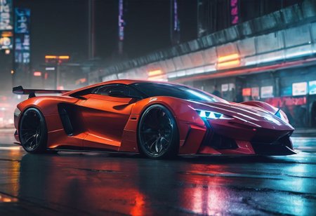 detailed super sport car, sharp edges, sharp focus, close-up, futuristic, <lora:Cbebop-background:1.5>, high quality, high resolution, art by Cain Kuga, night, breathtaking scenary,  high-tech,  cyberpunk, volumetric lighting, (long exposure:1.5), speed effect, raining,