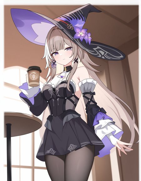 masterpiece, best quality, newest, absurdres, highres, safe,, <lora:the-herta-illustriousxl-lora-nochekaiser:1>, the herta, the herta (honkai: star rail), brown hair, long hair, purple eyes, medium breasts,, bare shoulders, black dress, black hat, detached sleeves, hat, hat flower, hat ornament, long sleeves, pantyhose, witch hat, cafe, coffee, table, chairs, casual, , from below, looking at viewer, solo,, cowboy shot, solo
