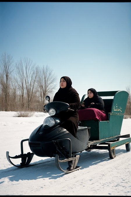 art by H.P. Lovecraft, photograph, chubby Iraqi Woman driving a Sled, ð¤«, Kodak portra 400, Selective focus, Oversaturated