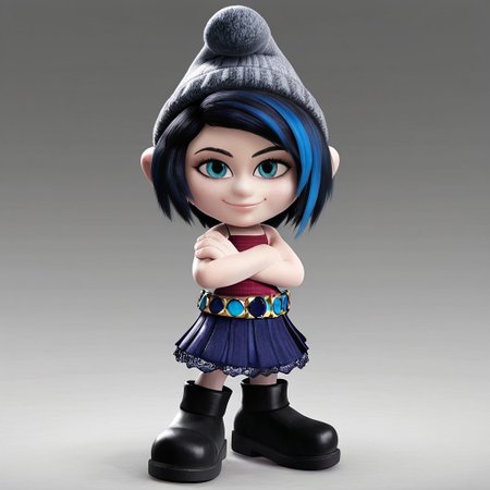 1girl, solo, 3d, vexy, short black hair with a blue streak gray beanie, a sleeveless top, a dark blue skirt with a decorative belt, and black boots, standing, looking at viewer, smiling, arms crossed, closed mouth