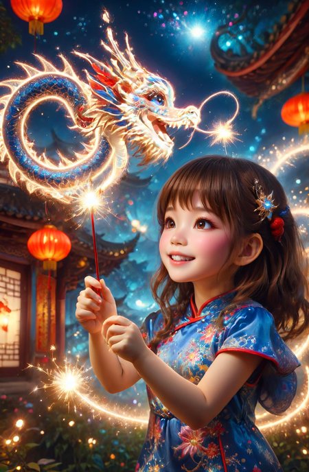 amazing quality, masterpiece, best quality, hyper detailed, ultra detailed, UHD, DOF, depth of field, HDR, perfect anatomy
solo, cute, kawaii, brown hair, joyfully plays with fairy wand, waving it in the air, red lantern, wearing  blue cheongsam, milky way,
a small cfc-spark-dragon above the fairy wand, translucent, dazzling, shine, sparking, trajectory of sparks,
<lora:cfc-spark-dragon-000006:0.75>, 
<lora:ral-lnrnwyr-sdxl:0.5>, ral-lnrnwyr,
<lora:add-detail-xl:0.75>,
<lora:extremely_detailed:0.75>, extremely detailed,
<lora:EnvyBetterHiresFixXL01:1.0>, 
<lora:DonM3t3rn1tyXL-v1.1-000008:0.7>, DonM3t3rn1tyXL,
 SK_Fantasy,