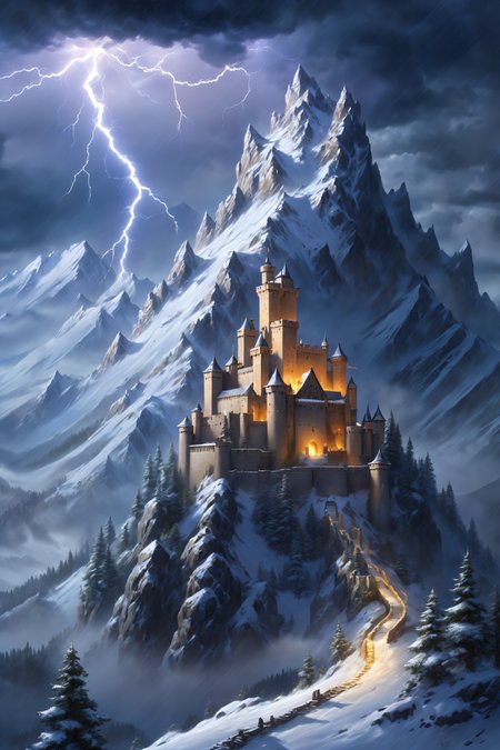high mountain, castle, towers, (snow storm:1.3), night, lightning, clouds <lora:surrealityLoraVersion_1:1>, (masterpiece:1.2), best quality, (hyperdetailed, highest detailed:1.2), high resolution textures, <lora:EnvyBetterHiresFixXL01:1>