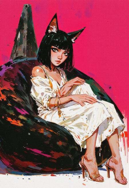 25 year old Japanese girl wearing cat ears, long eyelashes, long black bob, face obscured by hair, bare feet, feet to viewer,white dress, high heels, heel dangeling from feet,sitting in a large beanbag, magenta grunge, in profile, side view, surrealism, pencils, fashion illustration, gradient lime greens and magenta background, avant-garde, vivid colors, filigrie, photorealistic rendering, mody chiaroscuro lighting,watercolor painting