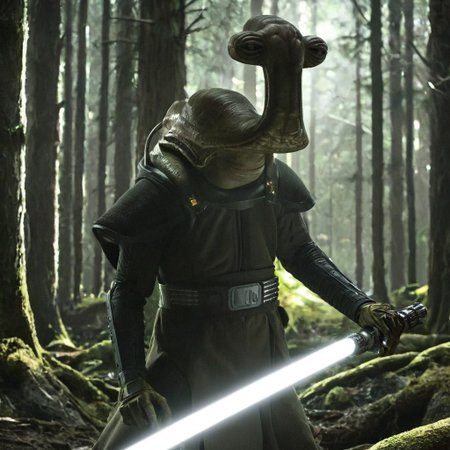 cinematic film style star wars style of an ithorian hammerhead alien, dynamic, moody, darkness, shadows, dark, sinister, pitch black, highly detailed, (Alien biomechanical futuristic cybernetic forest inside of a spaceship in background), shining heavy white armor, holding long brilliant glowing light saber, IMAX,
