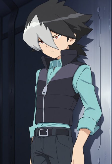 masterpiece,best quality,amazing quality, 
JinKaidou, 1boy, male focus, solo, red eyes, multicolored hair, black hair, grey hair, hair between eyes, shirt, blue shirt, collared shirt, vest, popped collar, zipper, zipper pull tab, belt, pants, black pants,