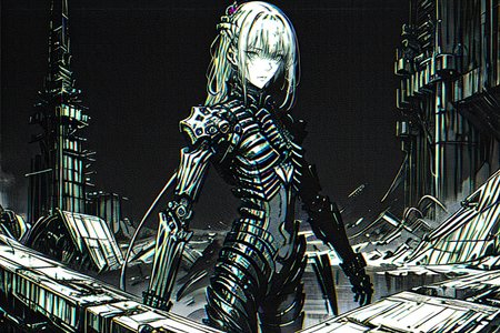 highly insanely detailed, masterpiece, top quality, best quality, highres, 4k, 8k, RAW photo, (very aesthetic, beautiful and aesthetic),  
tsutomu nihei,nihei_tsutomu,blame!,blame gakuen!,abara,TNstyle,sidonia_no_kishi,(tower,lab),vast scenery,perspective,science fiction,dystopia,destroyed,decrepit,no human,biomachine,bioluminescence,futuristic,empty,cyberpunk,flock, 
<lora:ABARA:0.3>, 
(1girl:1.3), 
solo focus, 
dirty alley,pure purple background,pure black background,pure cyan background,(colored geometric background),âââ