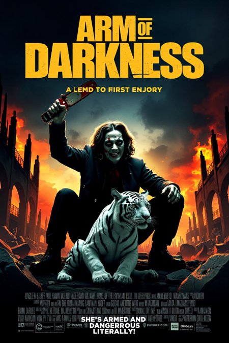 mvpstr. Epic movie poster for 'Arm of Darkness' featuring a zombie wielding a massive chainsaw, A fierce zombie  white tiger sits beside her, adding a touch of absurdity. The scene has a chaotic, apocalyptic vibe, with destroyed ruins and exaggerated fire in the background, giving the whole image a comically intense and action-packed feel.  At the top, in bold 80s action movie font, add the title 'Arm of Darkness.' Beneath the title, include the tagline: 'She's armed and dangerous...literally!'"
 <lora:schnell_v1.0:1.0> <lora:EpicMoviePoster-000015:0.8><lora:790481116134914490:0>
