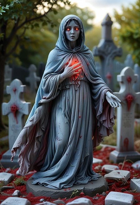 (medium full shot) of (haunting ghost) ethereal figure, transparent fading body, fading hands, glowing red eyes, bluish, semi-transparent, semi-transparent with an unsettling vibe, sorrowful, with a flowing cape, carrying a bloodstained handkerchief, set in  a desolate graveyard, with broken graves, mournful spirits, a chilling presence, during a full moon,  Masterpiece,best quality, very aesthetic