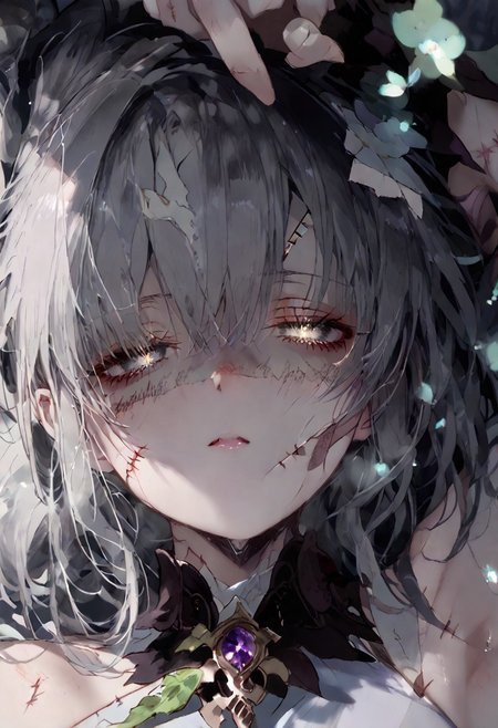 , 1girl, solo focus, perfect anatomy,
BREAK
(score_9, score_8_up, score_7_up), (Masterpiece), (expressive eyes), 1girl, 
Zombie, colored skin, grey skin, torn clothing, bandages, scars, stitches, gray skin,
<lora:MGE_V5.0:1.2>
BREAK
erotic pose, detail background, lying on her back, bangs hair style, tired, 
looking up at the viewer, gentle,upside down,
dynamic angle,
BREAK
 smooth style,portrait,dim lighting,face focus,shaded face,particles, 
BREAK
sharp style,portrait,dim lighting,face focus,shaded face,particles, 
BREAK
perfecteyes,NegativeDynamics,