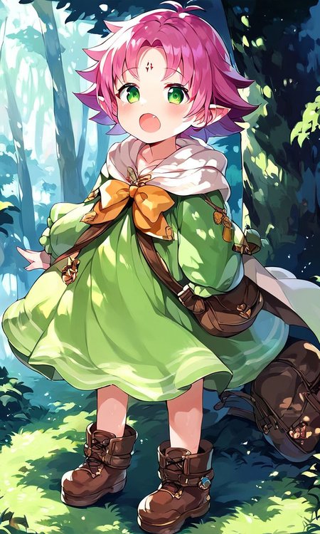 score_9, score_8_up, score_7_up, source_anime, rating_explicit, BREAK  <lora:Fae_Fuuin_no_Tsurugi_XL:1>
Fae, short hair, pink hair, green eyes,  solo, open mouth, facial mark, long sleeves, dress, full body, bag,  boots, cape,
forest,