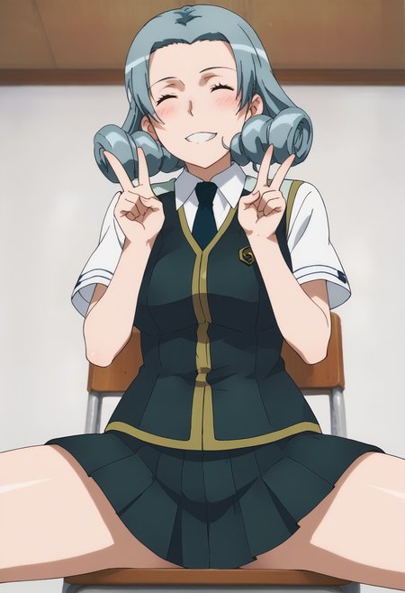 score_9, score_8_up, score_7_up, source_anime, BREAK white background, 1girl, solo, cowboy shot, from from below,  <lora:DX888Touka:1> hio touka,necktie, school uniform, skirt, closed eyes, v pose, smile, blush, sitting, on chair, spread legs,  covering privates,