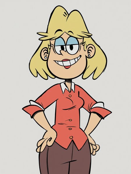 <lora:RitaLoudPony1.0:0.8> rita_loud, 1girl, solo, blonde hair, short hair, earrings, jewelry, rita loud, smile, lipstick,m stud earrings, shirt, pants,teeth,white background,  background, cowboy shot,  looking at viewer, score_9, score_8_up, score_7_up, score_6_up, score_5_up, score_4_up