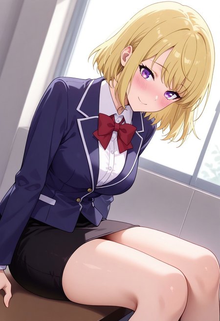 masterpiece, best quality, absurdres, highres,
cha hae-in,blonde hair,short hair,purple eyes,
1girl, blush, smile,
blazer, blue jacket, buttons, red bowtie, collared shirt, white shirt, pencil skirt, black skirt,
dutch angle,