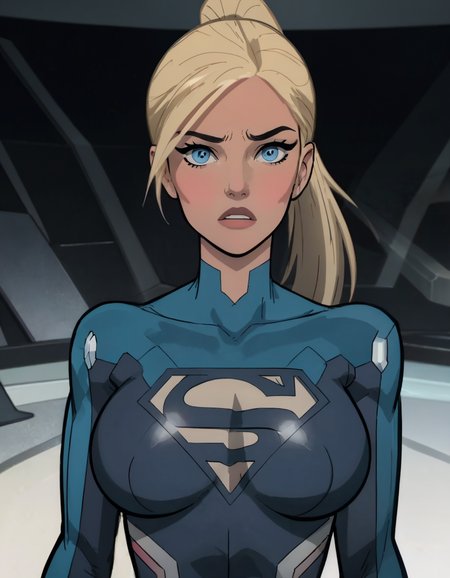 perfect quality,detailed, (large breasts:1.3),blonde,blue eyes,perfect face,looking at viewer,detailed face,perfect face,,,detailed eyes,detailed face,looking at viewer, <lora:Supergirl_Tomorrowverse_V2-10:1>,s,(standing,upper body:1.2),sexy pose,indoors,ponytail,krypon bodysuit,blue superman logo,surprised