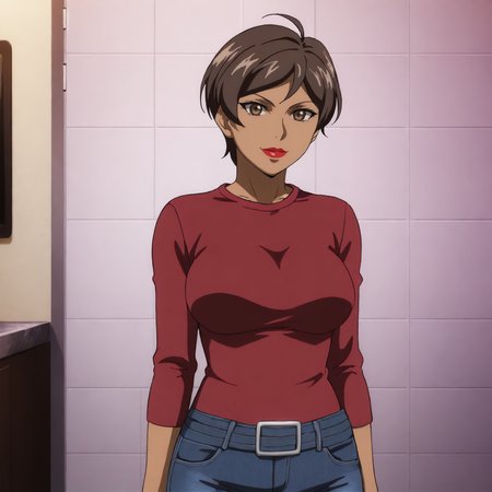 <lora:catwomanhunted_pony_v1:.8>SelinaKyleHuntedTowel, 1girl, short hair, dark skin, dark-skinned female, large breasts, brown hair, lipstick, brown eyes,  makeup, sweater, jeans, cowboy shot