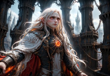 ((Extreme close-up of Alucard with long flowing white hair while standing on a catwalk inside an intricate (floorless tower high above the ground:1.8) with a complex configuration of numerous interlocking gears)), 

video game character, vampire, Castlevania, Symphony of the Night, SOTN, glowing rapier, long flowing white hair, radiant lighting, vibrant red cloak, confident, bold, stately, very pale skin, powder white skin, (pale face:2.5), glowing eyes, fiery eyes, v-shaped face, rugged, (grizzled:1.5), 

extremely detailed background, floorless tower, interior, interlocking gears, cogs, pendulums, wheels, wooden shafts, mechanisms, (background focus:1.5), 

eye catching, 

ral-exposure, motion blur, (motion blur fingers, motion blur feet:1.25), 

dynamic shot, viewed from the side, distant view, 
hyperdetailed realistic illustration, intricately detailed, highest quality, implied motion, motion streaks, motion lines, 

BREAK, ultra level of detail and precision in the art, masterpiece, absurdres, mixed media, (lineart:1.6), digtal art, detailed shading, ray-traced, 
intense mood, gritty, grimdark, 
subsurface scattering, (light leaks, lens flare, crepuscular rays, sunbeams, halo effects:1.3), (broken jagged rainbow optical rings:1.1), global illumination, ambient occlusion, soft shadows, film grain, Dutch angle, cinematic composition, (mystic haze, dusty atmosphere:1.2), HDR, complementary colors, (vibrant colors, colorful palette:1.1), (fisheye lens:1.8), 
