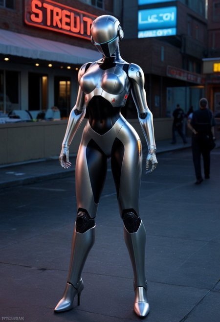 A sleek futuristic scene, a female robot in a form-fitting white armored suit with vivid blue accents, wearing boots, she is exuding a sense of femininity, standing in the street in a futuristic utopian city,, curvy hips, narrow waist, slim shoulders, feminine arms, medium sized breasts, metallic skin, robotic joints, metallic paint, no bellybutton, futuristic city
noface, cyborg