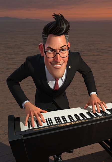 masterpiece, best quality, amazing quality, detailed background, intricate details, dynamic, cinematic, animated, anime realistic shading, solo, male focus, 1boy, handsome, h4thaway, dark hair, two-tone hair, pompadour, brown eyes, glasses, facial hair, stubble, black tuxedo, white shirt, red necktie, lapel pin, black pants, black shoes, abstract background, playing piano, smirk, cocky