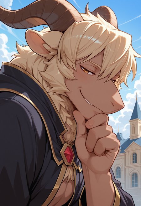 masterpiece,best quality,amazing quality, 1boy, solo, 4z4zel, goat boy, black robe, close up, side angle, smirk, hand under chin, academy, outdoors,