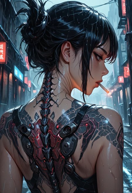 highres, very detailed, amazing quality, masterpiece,
very aesthetic,
particle effect, Cinematic, 
1girl, solo, Black hair, hair up, beautiful, exposed shoulders, exposed back, bionic spine, smoking, cigarette, strong face, angled face,  
Back tattoo, Dragon back tattoo, 
Raining, ancient Japanese street, 
Close up, 
From behind, View from behind,