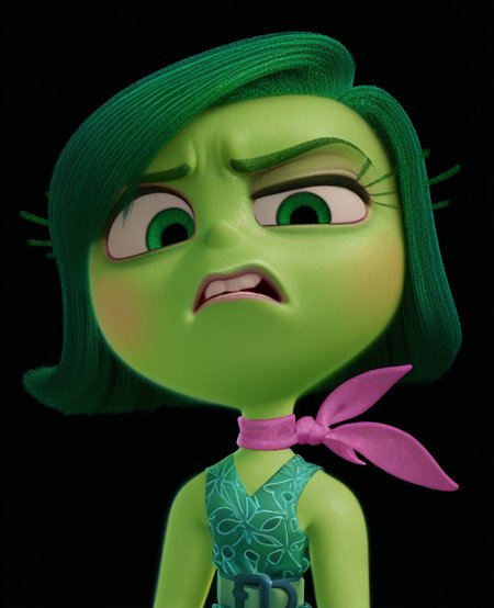 masterpiece, best quality, amazing quality, highres, absurdres, intricate detail, 3d, simple background, black background,  <lora:Disgust_ILLUS_2-000011:1> , disg, 1girl, solo, short hair, dress, bare shoulders, green eyes, green hair, sleeveless, scarf, green skin, looking at viewer, disgust, portrait,