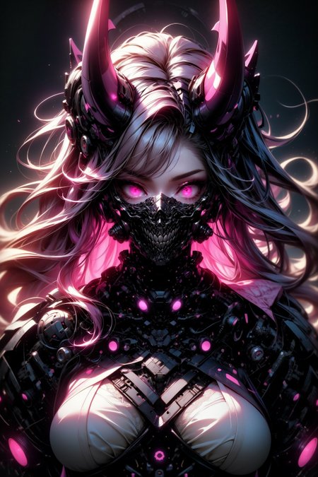 (masterpiece, best quality, detailed, aesthetic, pastel colors, backlight), scifi, (futuristic), upper body, portrait, demon girl, (fuchsia theme), cyborg, mechanical neck, mechanical horns, mask, solid background, looking at viewer, glowing eyes, glow,  <lora:Ghost_Mask_V2_Gold_Edition:0.8>