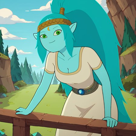 score_9, score_8_up, score_7_up, 1girl, Canyon, giant, giantess, colored skin, blue skin, long hair, ponytail, aqua hair, green eyes, pointy ears, leaning forward, medium breasts, cleavage, narrow waist, wide hips, looking at viewer, smile, highres, high quality, masterpiece,  <lora:Canyon:1>