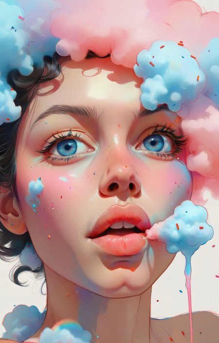 <lora:CuteLora:1> extreme face close-up of a stunning Kosovan woman with a hungry expression, cotton candy explosion, Conrad Roset, pencil sketch, space art, synthwave style