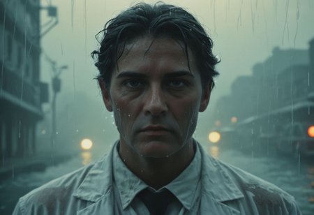 50s old noir cinema; surreal New York underwater, night, fog and rain, melting taxi cab; a portrait of an old doctor in white shirt; dramatic light, cinematic, dark, moody light, film grain, kodak film, old film colors, IMAX 135mm, Wes Anderson style