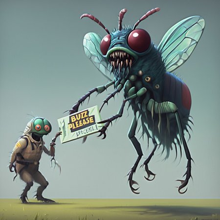 Giant fly monster holding a sign which reads: "Buzz Please!"
insectoid, compound eyes, mantibles, beetle
