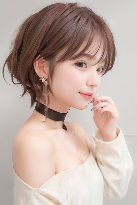 (1girl), (best quality), (masterpiece), (high resolution), (intricate details), (photorealistic), (cinematic light),  <lora:short_hair:0.8>, 
solo, brown hair, nape, blurry, upper body, blurry background, wavy hair, smile,  realistic, looking at viewer, lips, upper body, off shoulder, shirt
white background, upper body, brown eyes, closed mouth,  profile, lips, nose, portrait, earrings, parted lips, black choker, ear piercing
sleeves past wrists, simple background ,