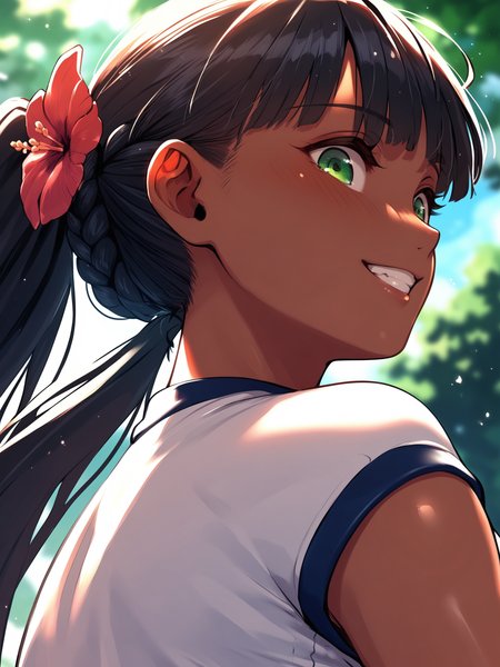 <lora:happy_tentacle-ranee-v0.4-000028:1>, ht_ranee, dark-skinned female, hair flower, black hair, green eyes, large breasts, gym clothes, outdoors , 1girl, solo, close-up , , ( grin :1.1), , looking down , , from behind , score_9, score_8_up, score_7_up, score_6_up, score_5_up, score_4_up