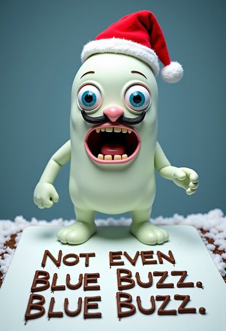Hyper realistic white slime with extremely expressive face with teeth, fake nose, fake mustache walking over a board written in mud letters ‘Not even Blue Buzz likes Blue buzz’ (Focus on text), meme critique. 
Full view, wearing santa claus hat,