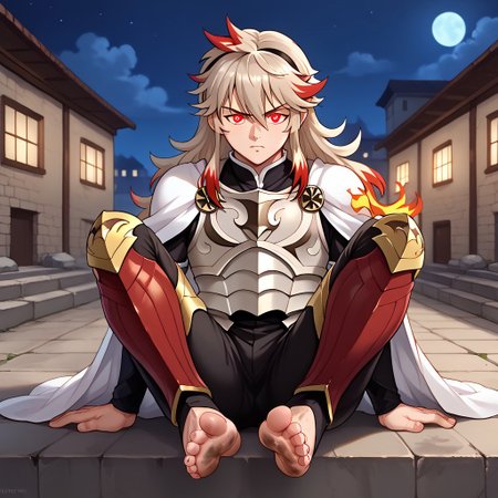 masterpiece, best quality, sharp aliasing, highly detailed, 1male, male body, male,EPfeCorrin, white cape with flames, armour, black gloves, black pants, wearing pants, outdoors, stone tiled ground, buildings, night, barefoot, toeless legwear, armoured legwear, shin armour, leg armour, leg and shin amour, stirrup legwear, black stirrups, 5 toes, Quality, High Definition, Full body view, solo, rengoku kyojuro, forked eyebrowns, long hair, two-etone hair, multicolored hair, red eyes, sword, red toenails, dirty feet, glowing eyes, sitting on ledge, feet, focus, annoyed expression, feet, soles, kny