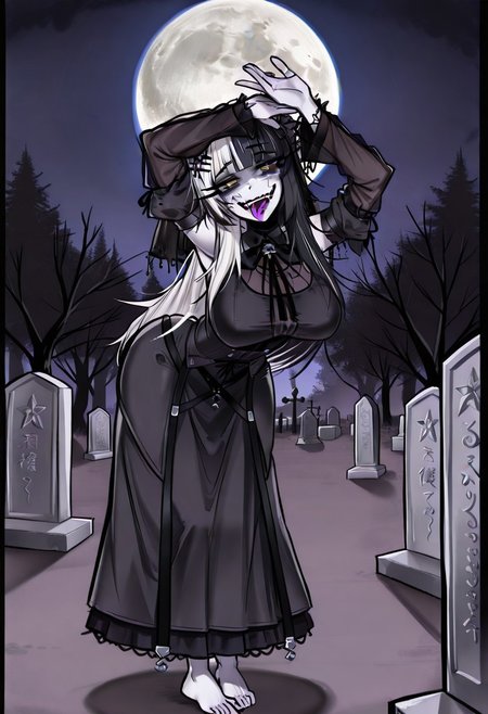 lazypos, 1girl, solo, Shi0riN0vella, multicolored hair, white hair, black hair, yellow eyes, single hair ornament BREAK Banshee, colored skin, grey skin, gothic, long hair, black hair, black veil, large breasts, full body, looking at viewer, smug, smile, head tilt barefoot, ace_glitch, dancing, eye bags, lipstick, eyelashes, tongue out, leaning forward,  arms raised, BREAK , outdoors, graveyard,  cold, full moon, blue light, dark theme