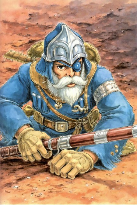 miyaha1 manga illustration of an bearded old warrior crouched on the sandy ground. He has a determined and focused expression. He  wears an eye patch and hold an antigue musquet in her hands. <lora:miyaha1_cap_d6a3e12:1.0><lora:818054003016525577:0>