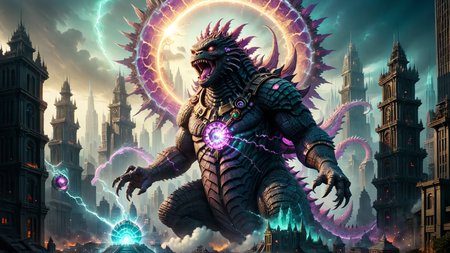 wide shot of godzilla rampaging in mythos fantasy cityscape,  swirling vortex of iridescent light, magic, luminescent power, quartz, amethyst, opal, mixed colors, jade, magical wraith, Godzilla spewing raw energy from its mouth, time long forgotten, mystical, unique forms of crystal shapes, (masterpiece:1.2), (epic composition:1.4), (talent:1.2), ultra detailed, cinematic lighting, highly detailed, insanely detailed, (photorealistic:1.2), hdr, 8k, exquisite, sharp, elegant, ambient lighting, fantasy vivid colors, high quality, <lora:add-detail-xl:2.5> ,<lora:takma2:0.6>  <lora:MechanicusStyleAIp:1> MechanicusStyleAI
