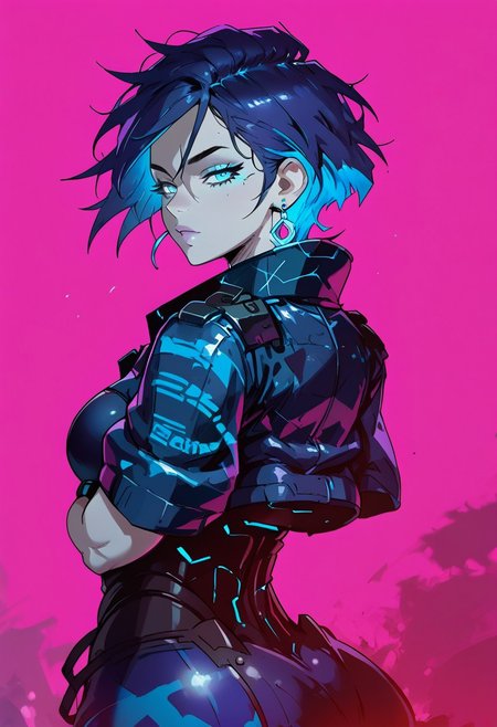 score_9, score_8_up, score_7_up, (((daytime, pink lighting)), (scifi, parking lot), young woman, pale skin, blues eyes, glowing eyes, detailed face, (seductive expression), Expressiveh, (blue star earrings), large breasts, (multi colored hair, streaked hair, dark blue hair, dark purple hair), (blue colored inner hair), short hair, messy hair, (purple and blue camouflage armored jacket), (standing, arms crossed) (city), (depth of field, rear view)