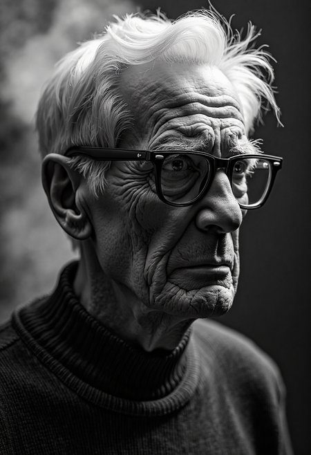 A highly detailed, black-and-white, silhouette, closeup, professional photo portrait of a old man with wrinkles and white hair. He has tanned skin and sad eyes framed by big glasses. His hair is short and white. He wears an elegant sweater. The background is pitch black, with smoke behind the woman, creating a dramatic contrast with hia tanned skin and white hair, drawing the viewerâs focus entirely onto her. The lighting, hitting only one side of his face, is hard in chiaroscuro style, giving depth to her features and an air of mystery. The overall style blends gothic and fantasy influences, with a strong emphasis on realism and a refined sense of elegance and enigma.