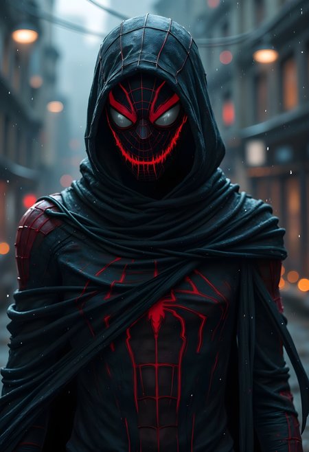 cinna flow, dystopian style The evil grotesque spiderman. bleak, post-apocalyptic, somber, dramatic, highly detailed, dramatic, mysterious, SilverPulse