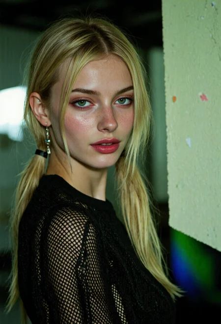Cinematic moviestill closeup photo featuring slim belgian 1girl, 26yo, with sultry green hooded eyes and thin lips with a giggling expression. She has long platinum blonde low twintails hair and e-girl makeup featuring shades of crimson and stylish eyeshadow with lipstick, wearing loose fit mesh crop sweater accompanied by dangle earrings. Set in an eccentric abandoned brutalist structure, on a dark clear night in summer. With natural prismatic, rainbow-lighting, professional edit, bokeh, perfect lighting, eyecandy   <lora:flux_skinny_slider> <lora:flux_SkinDetails_v8> <lora:flux_UltraRealPhoto>
