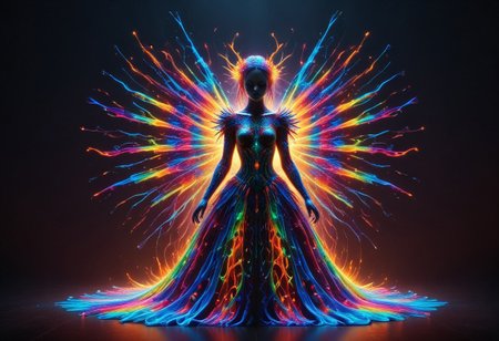 a full body fire entity whit multicolored flames, professional photography of an fantastical warrior fairy princess entirely made of cyberflies with whimsical elements, swirling magic, eerie fairytale landscape, elaborate fantasy style art, very colorful, intricate details, ultra sharp, exquisite detail, flawless composition, vivid colors, masterpiece, exciting background, TAS, TASvisuals, Psychedelic , Rave, Elaborate , Blacklight , Vibrant , cyberflies, black light paint, blp, Colorful Chaos Cracks and Drops, mad-glowtiedye, made out of,colorful,liquid,Murano Art Glass