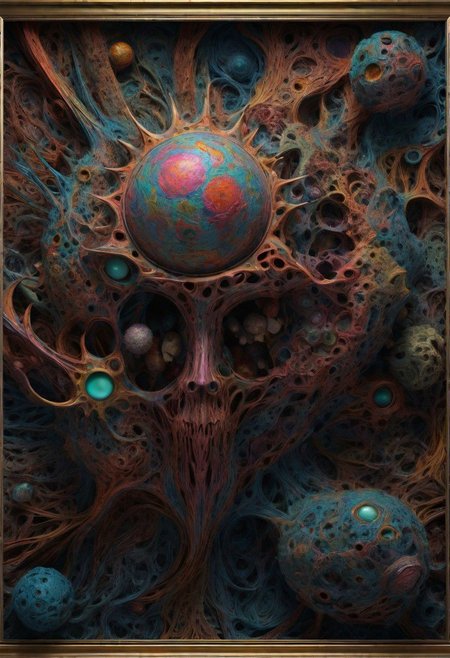 The Macabre in colorful realms of your mind, abstract details, distinctive visuals, Intricate, sharp details, UHD, (3D Framed, Macabre)