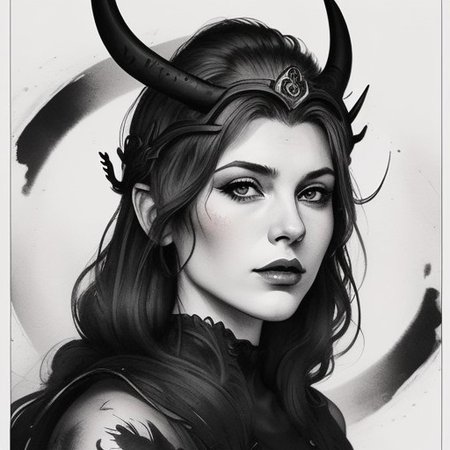 Ink portrait of a beautiful viking princess.
Colors Red and Black.
Ink style.