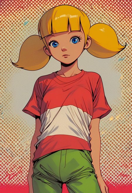 score_9, halftone effect, 1girl, solo,looking at viewer, sinozick style, penny \(inspector gadget\), shirt, stripe, green pants, blue eyes, blonde hair,