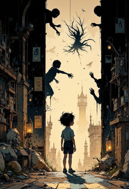 Create a beautifully detailed sketch capturing a fantastical world infused with nostalgia and shadowy intrigue. The style features clean, confident outlines with soft watercolor washes, balancing warmth and accessibility with intricate detail. The palette contrasts muted tones—warm ochres, soft reds, creamy whites—with stark, inky blacks, creating a dramatic interplay of light and shadow that evokes both innocence and mystery. The atmosphere blends vintage children’s book charm with an eerie undertone, as if balanced between reality and a shadowy dreamscape.
Characters should have naturalistic proportions and subtle expressiveness, their features gently exaggerated to reflect curiosity, resilience, or vulnerability. Dynamic shadow puppet figures may emerge in the background, their silhouettes adding to the narrative and reinforcing the duality of light and shadow. The focus will be on a specific subject—Through a narrow keyhole, Henry is seen standing in a dimly lit room, his figure surrounded by writhing shadow puppets projected onto the walls. The light from a flickering lantern casts dynamic, shifting patterns that fill the confined view with eerie motion—carefully integrated into the scene. The composition is grounded yet surreal, seamlessly merging whimsical simplicity with haunting, thought-provoking detail to invite wonder and introspection.