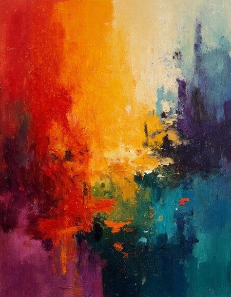 This image is a vibrant, abstract obyouhua painting done in an expressive, impressionistic style with thick, bold brushstrokes. The composition features a chaotic mix of colors including reds, oranges, yellows, blues, purples, and greens, creating a dynamic and energetic visual effect. The background is filled with overlapping, textured layers of paint, giving a sense of depth and movement. The colors blend seamlessly, with areas of bright saturation and darker shadows, adding to the overall intensity and complexity of the piece.
 <lora:Oil_Painting_FLUX_[1jiliguala1]:0.8>
 <lora:Test_OS:0.8>