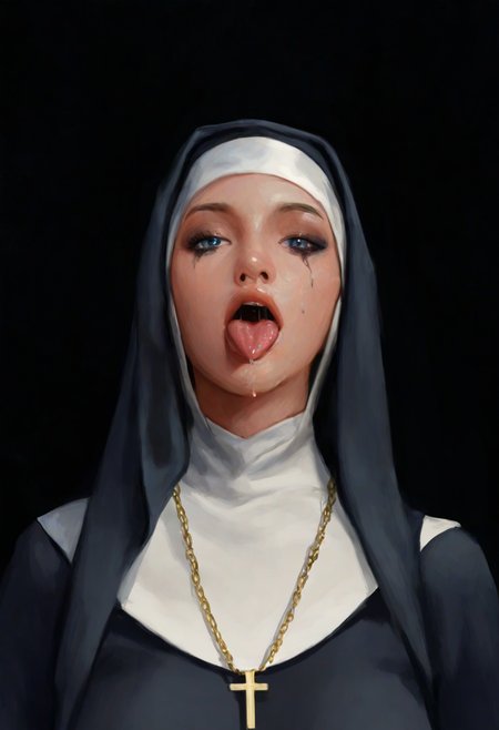 nsfw, mambas, masterpiece, semi-realism, painterly, best quality,,  nun, faceshot, habit, messy mascara, big blue eyes,  pov closeup of face, looking at viewer, tongue out, drool, dark background, 
