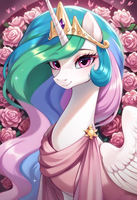 masterpiece, score_9, score_8_up, score_7_up, score_6_up, (best quality:1.1), ultra-detailed, high resolution, (solo), (1GIRLS), (GODDESS CELESTIA), (ALICORN), pony, feral, horn, portrait, (beautiful detailed pink eyes), (long turquoise purple pink blue hair), (four tone hair), Long eyelashes, (shy smile), ((pink floral background)), (pink butterflies), (pink roses all around her), high quality, sharp, the quality of ai art is frightening, highly detailed, Highly Visible, sharp focus, perfect lighting, anatomically correct, extremely detailed, shine on body, high detail, cute, Expressiveh, detailed background, OverallDetail, zPDXL2, (pink dress)